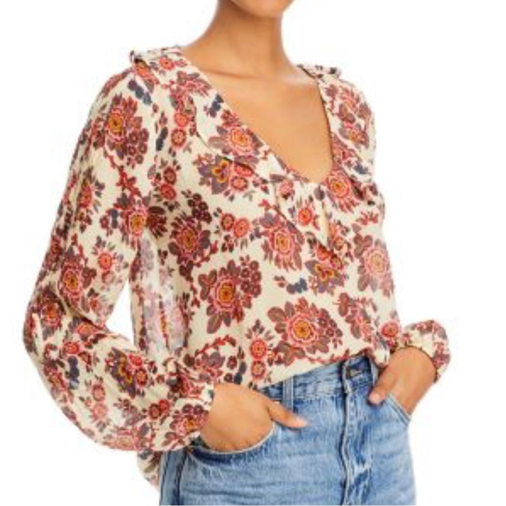 PAIGE Serene blouse Ecru multi Puff pleated-ruffled Sailor Collar NWT silk